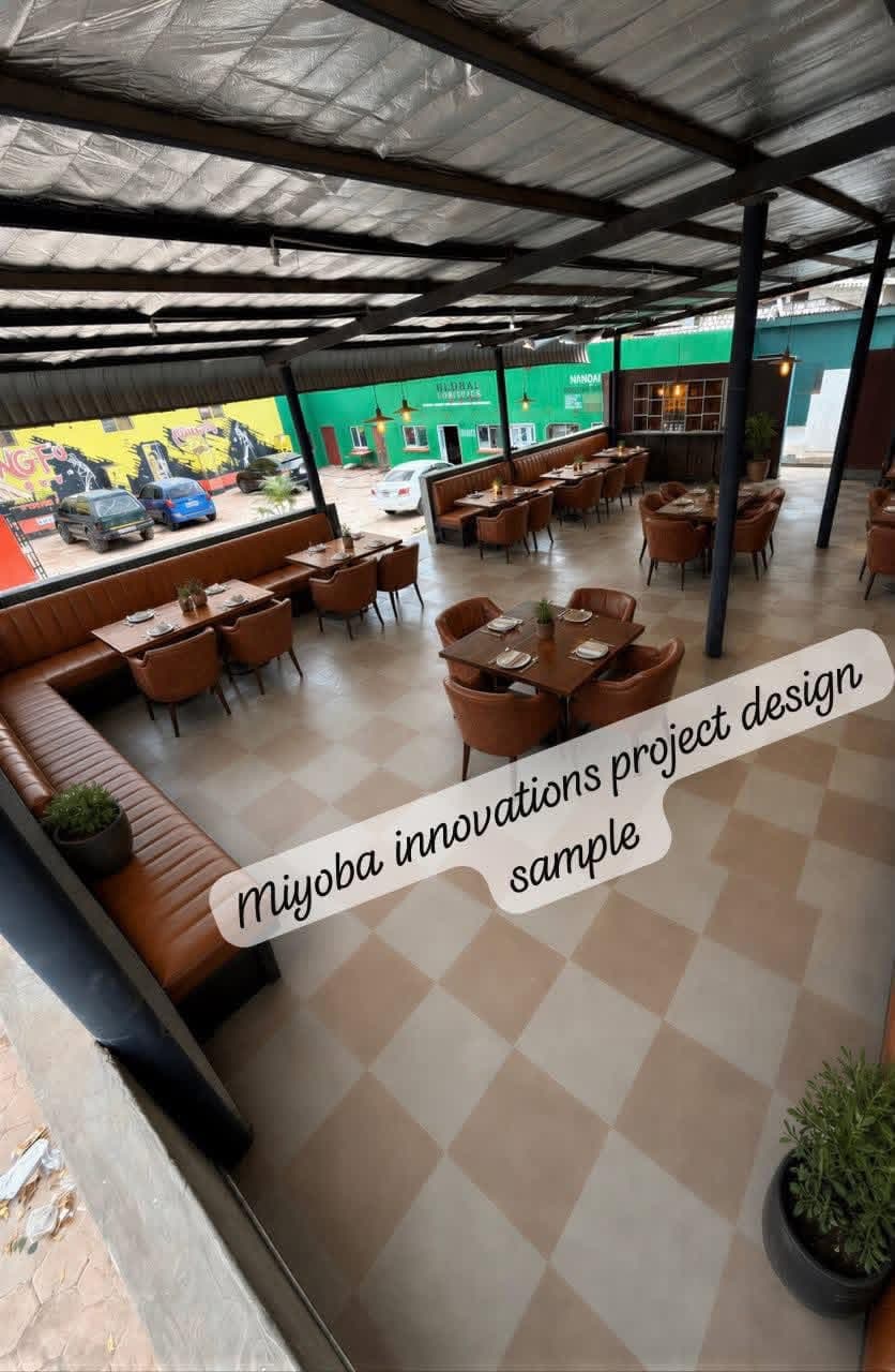 Restaurant interior fit-out by Miyoba Innovations, featuring custom leather booth seating and dining chairs